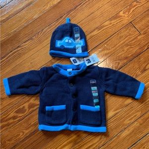 Baby Gap 2 piece navy blue cardigan  w knit hat set -size newborn (3-6 months)